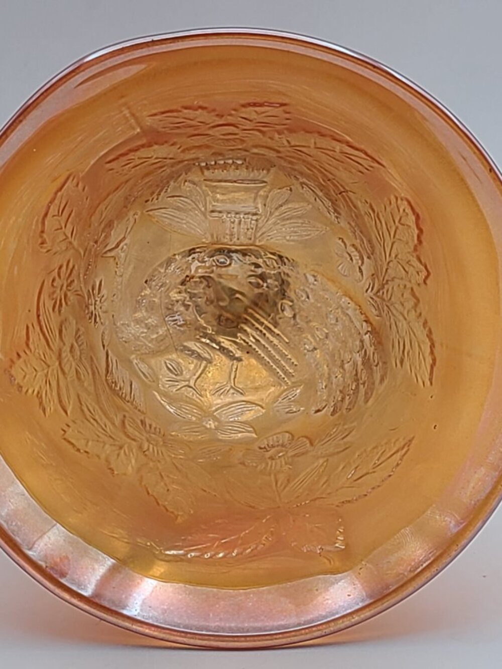 Fenton Antique Peacock Urn Compote Marigold Carnival Glass 5.5" - Picture 5 of 11